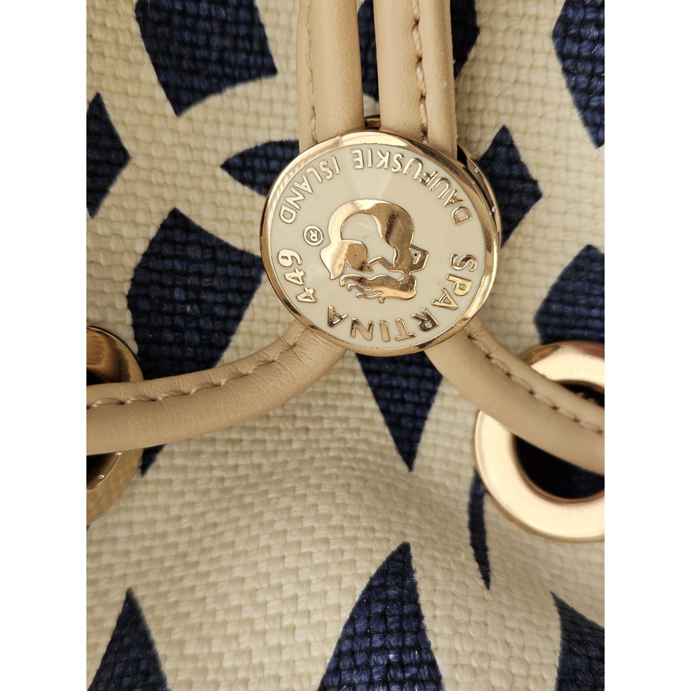 Spartina 449 Bucket Bag Blue Geo Linen Leather Drawstring Nautical Coastal Chic - Picture 3 of 16